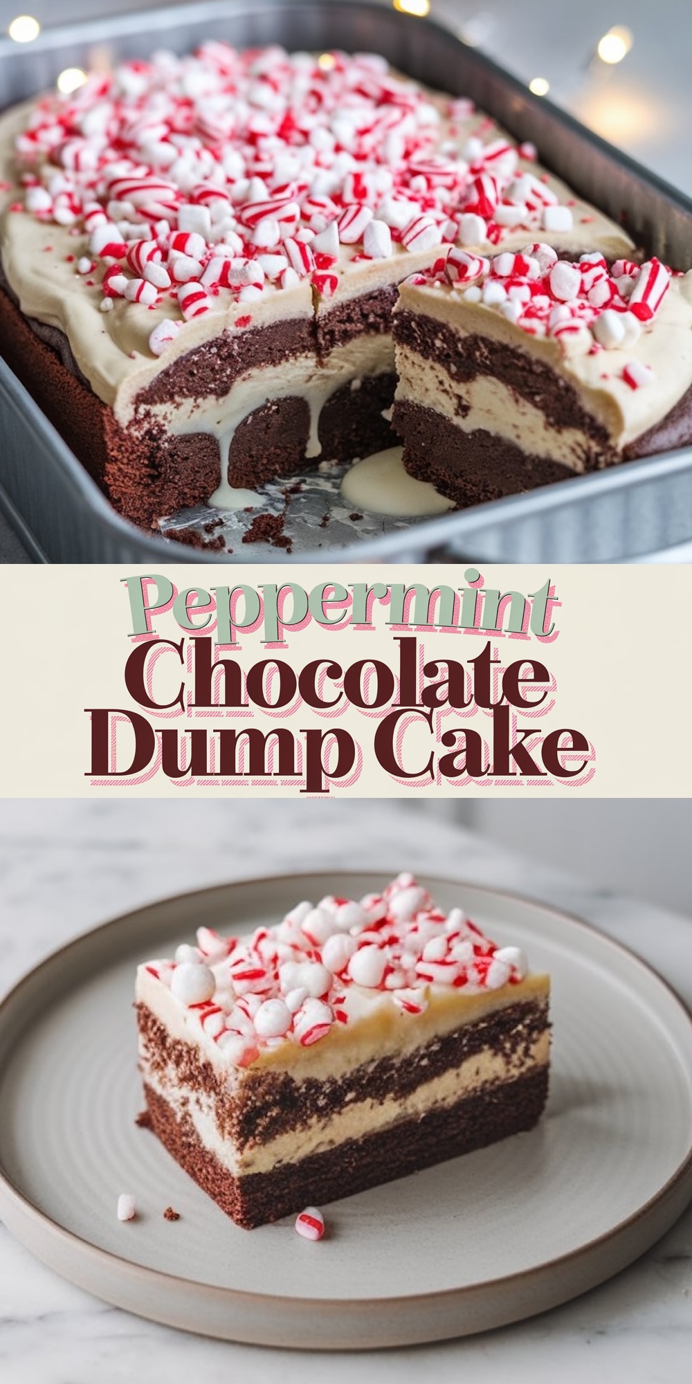Top-down view of a Peppermint Chocolate Dump Cake in a baking pan, heavily topped with crushed candy canes and marshmallows, creating a festive and colorful dessert. Elegant serving of a sliced Peppermint Chocolate Dump Cake on a ceramic plate, showcasing its layered structure with dark chocolate and white chocolate creams, sprinkled with red and white peppermint candy pieces.