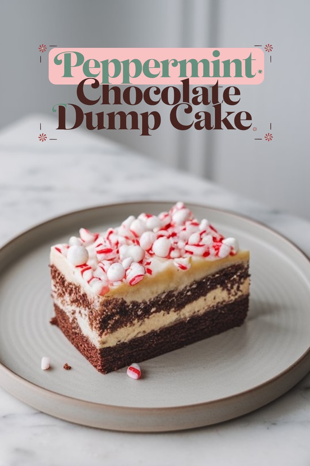 Close-up view of a Peppermint Chocolate Dump Cake, highlighting the contrast between the rich chocolate layers and the creamy white chocolate sections, topped with a generous scattering of crushed peppermint candies.