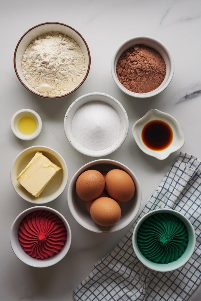  A top view of essential baking ingredients neatly arranged on a white surface, including eggs, butter, flour, cocoa powder, and sugar, with a red and green cupcake liner on the side.