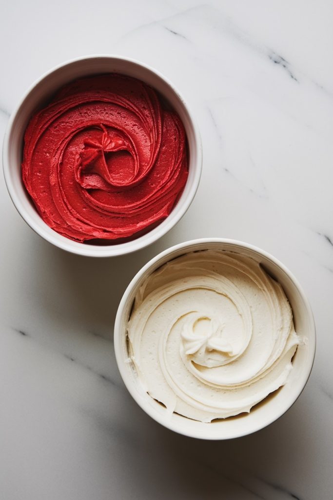 Close-up of two bowls filled with beautifully swirled frosting. One features vibrant red frosting, while the other contains smooth white frosting, ready for decorating festive cupcakes.