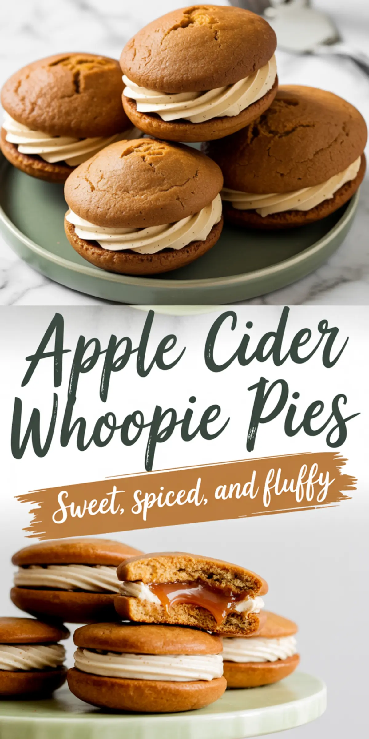 Collage image of apple cider whoopie pies featuring two views: the top half shows soft, spiced cookie sandwiches filled with piped vanilla frosting on a green plate, while the bottom half highlights a bitten whoopie pie revealing gooey caramel filling, with text overlay promoting the dessert as sweet, spiced, and fluffy.