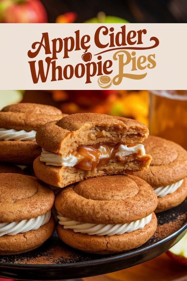 Apple Cider Whoopie Pies with caramel filling, cut in half, showcasing the gooey caramel center. The foreground highlights the whoopie pies' soft, cinnamon-infused cookie exterior with the luscious caramel oozing out, accompanied by smooth buttercream, against a backdrop of autumnal apples and warm seasonal hues.