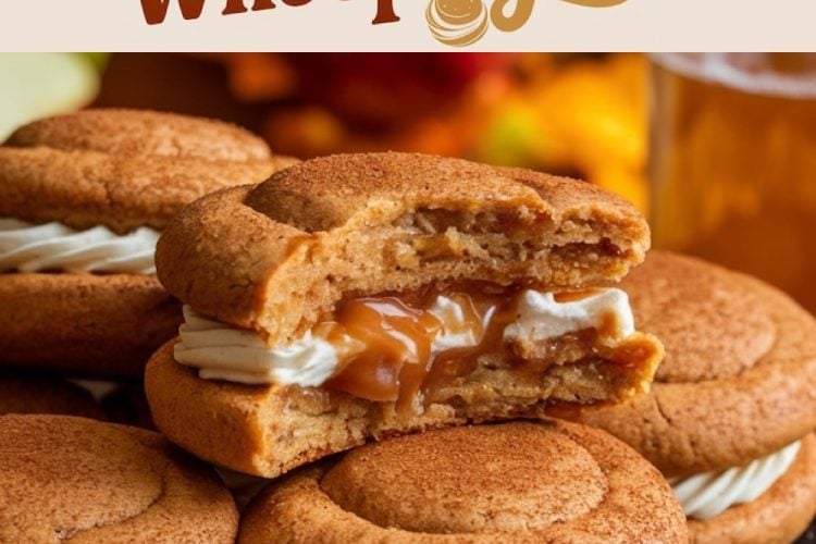 Apple Cider Whoopie Pies with caramel filling, cut in half, showcasing the gooey caramel center. The foreground highlights the whoopie pies' soft, cinnamon-infused cookie exterior with the luscious caramel oozing out, accompanied by smooth buttercream, against a backdrop of autumnal apples and warm seasonal hues.