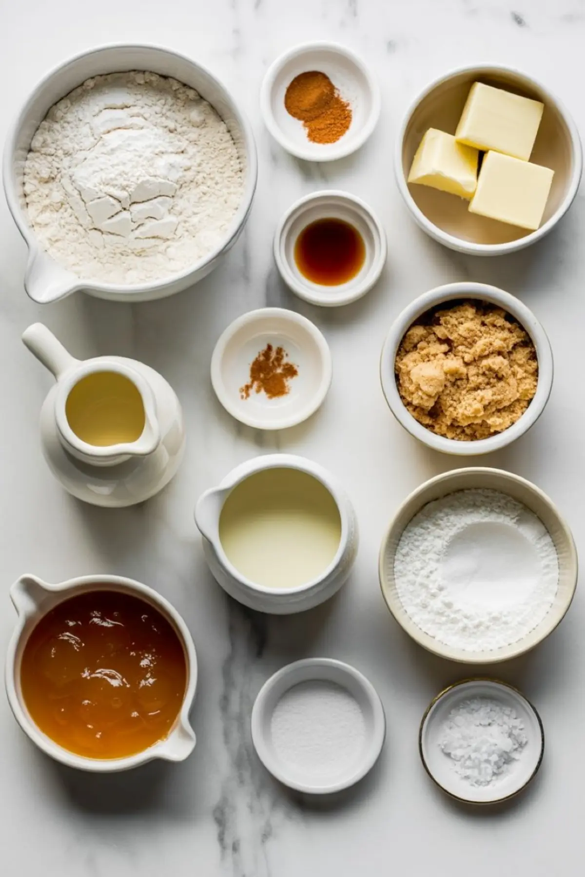 Overhead view of pre-measured baking ingredients in ceramic bowls and pitchers, including flour, butter, sugar, brown sugar, spices, vanilla, milk, apple cider, and powdered sugar.