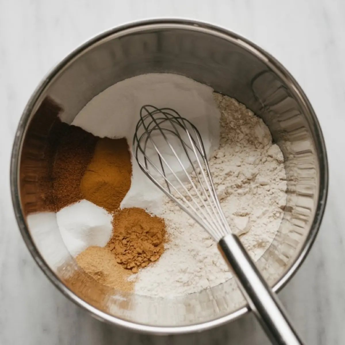 Large metal bowl holding neatly separated dry ingredients including flour, sugar, cinnamon, nutmeg, ginger, and allspice, with a wire whisk resting on top.