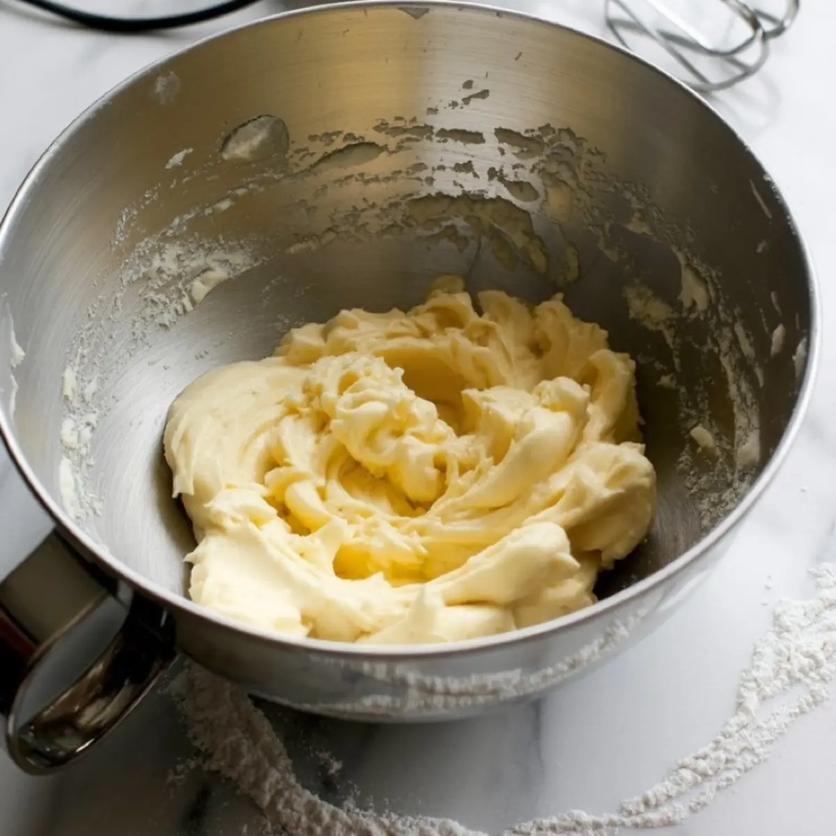 Stainless steel mixing bowl filled with creamy butter and sugar mixture on a marble countertop, with flour dusted around the base.