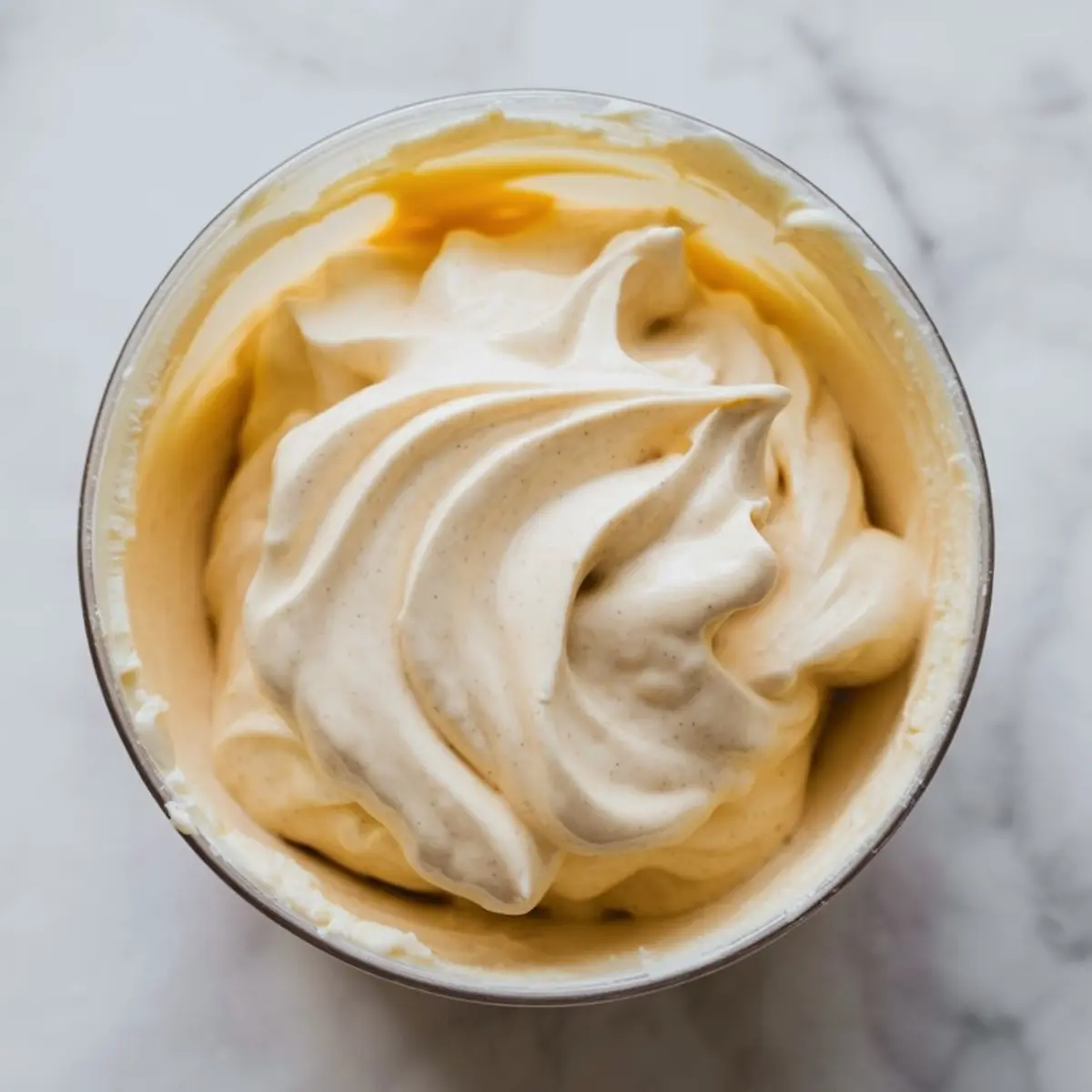 Thick vanilla cream frosting with soft peaks swirled inside a clear mixing bowl, set on a white marble surface.