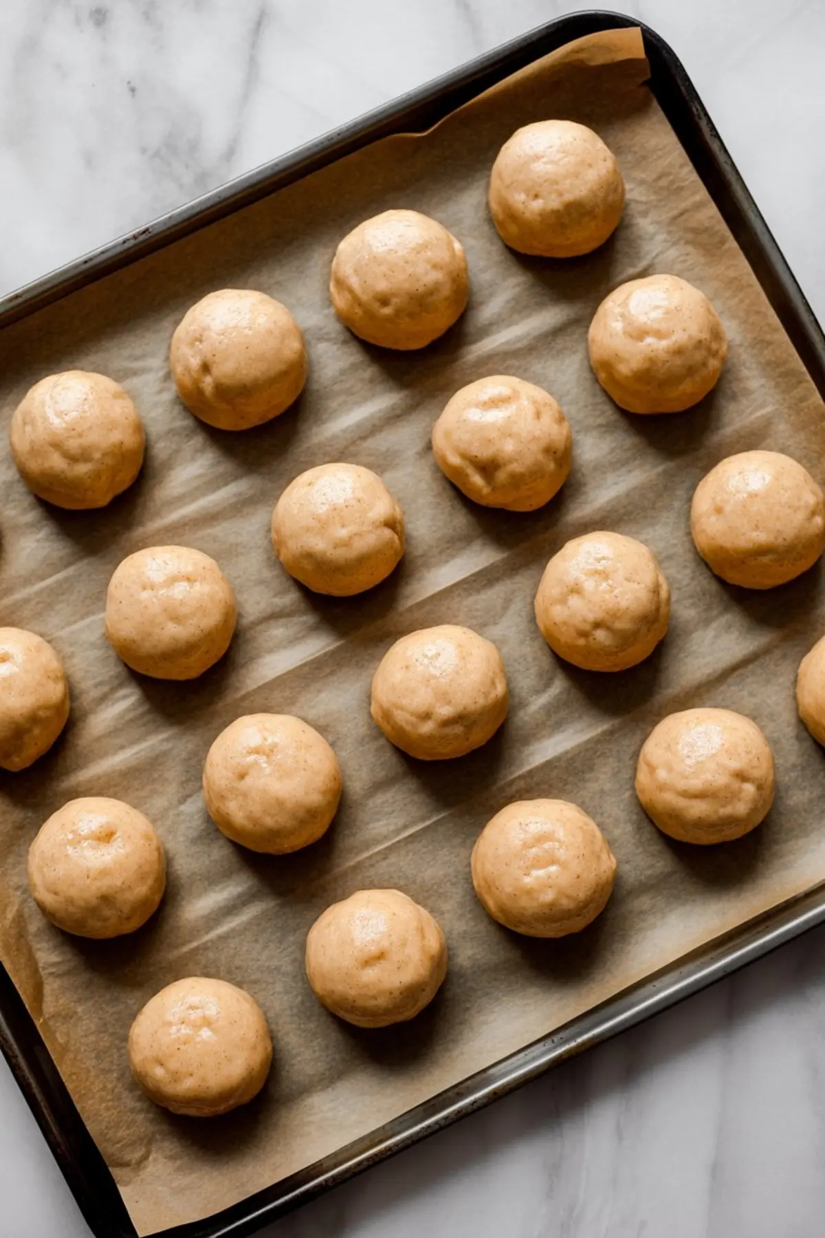 Raw whoopie pie batter scooped into evenly spaced round mounds on a parchment-lined baking sheet, ready to be baked.