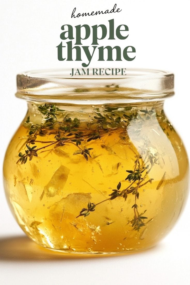 Close-up of a glass jar filled with apple thyme jam, garnished with fresh thyme sprigs, highlighted by a text overlay 'homemade apple thyme jam recipe'