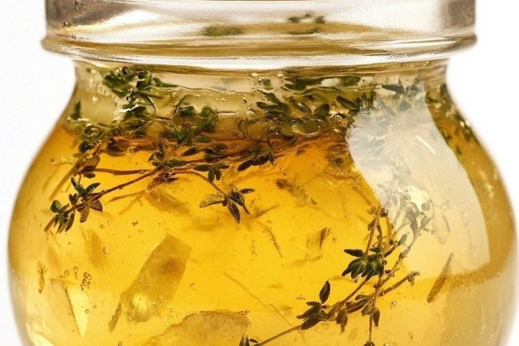 Close-up of a glass jar filled with apple thyme jam, garnished with fresh thyme sprigs, highlighted by a text overlay 'homemade apple thyme jam recipe'