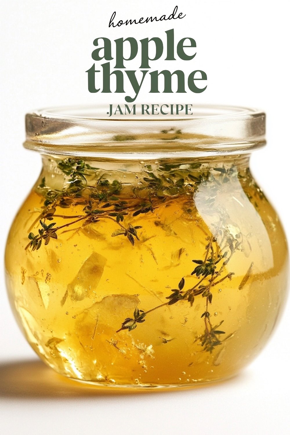 Close-up of a glass jar filled with apple thyme jam, garnished with fresh thyme sprigs, highlighted by a text overlay 'homemade apple thyme jam recipe'