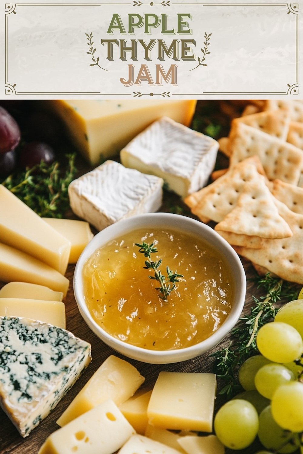Bowl of apple thyme jam garnished with fresh thyme, surrounded by an assortment of cheeses, green grapes, crackers, and fresh herbs on a rustic wooden charcuterie board with “Apple Thyme Jam” text overlay.