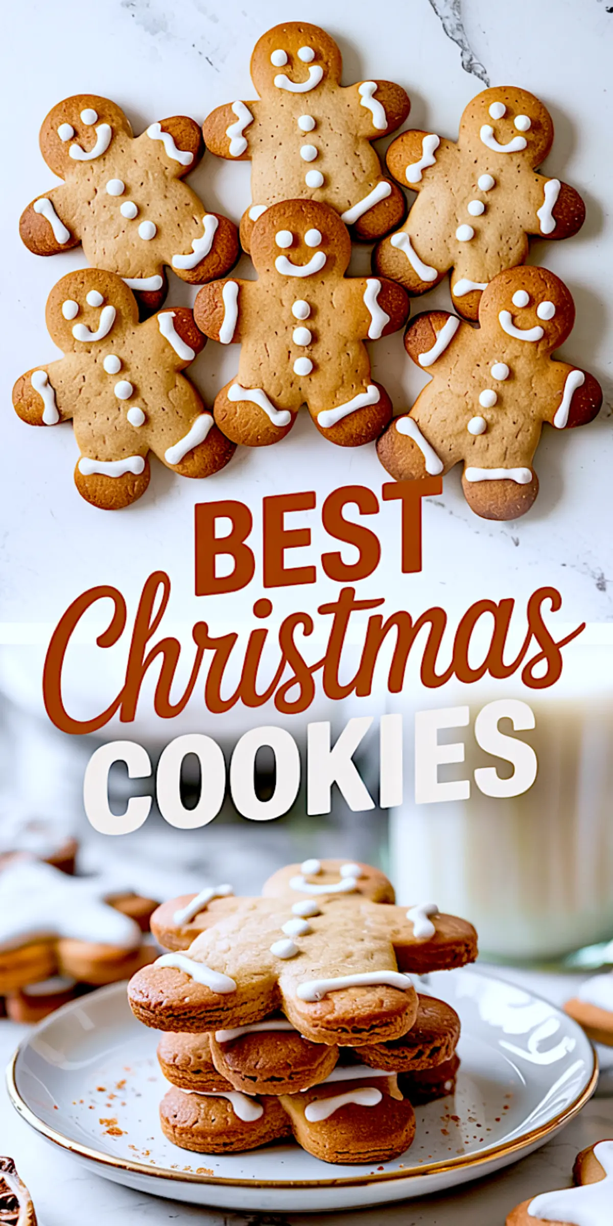 Collage of Gingerbread Man Cookies decorated with white icing. Top view shows six smiling cookies on marble; bottom shows a stack of soft, chewy Gingerbread Men Cookies on a plate with milk. Holiday baking idea using the best Gingerbread Man Cookie recipe. Great for Christmas desserts, cookie decorating, and festive treats. Perfect soft Gingerbread Cookies for seasonal gatherings and Christmas cookie boxes.