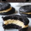 Elegant Black Velvet Sandwich Cookies with a creamy vanilla filling, featured with one cookie broken in half to showcase the filling, under a decorative 'Black Velvet Sandwich Cookies' title."
