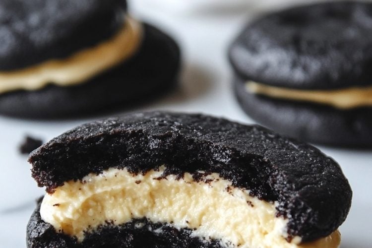 Elegant Black Velvet Sandwich Cookies with a creamy vanilla filling, featured with one cookie broken in half to showcase the filling, under a decorative 'Black Velvet Sandwich Cookies' title."