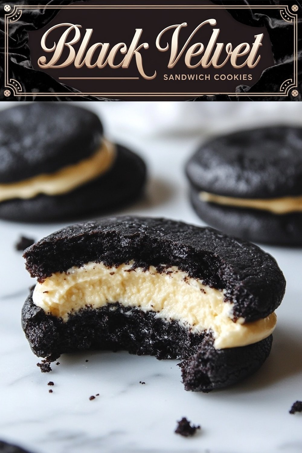 Elegant Black Velvet Sandwich Cookies with a creamy vanilla filling, featured with one cookie broken in half to showcase the filling, under a decorative 'Black Velvet Sandwich Cookies' title."