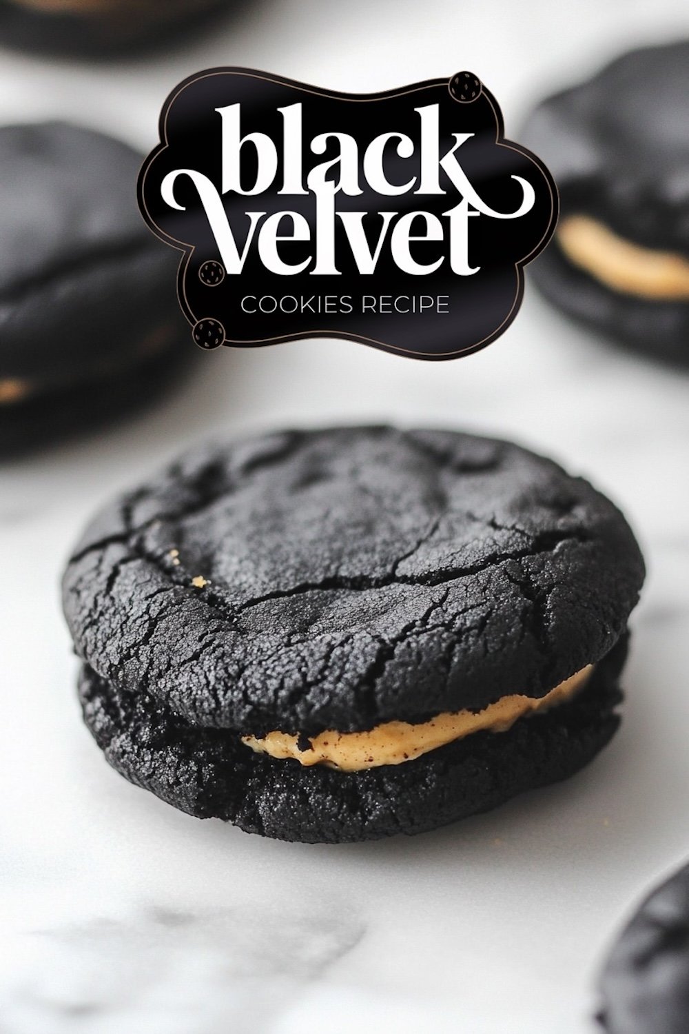 Close-up of a single Black Velvet cookie with a golden cream filling, accompanied by an elegant 'black velvet cookies recipe' label.
