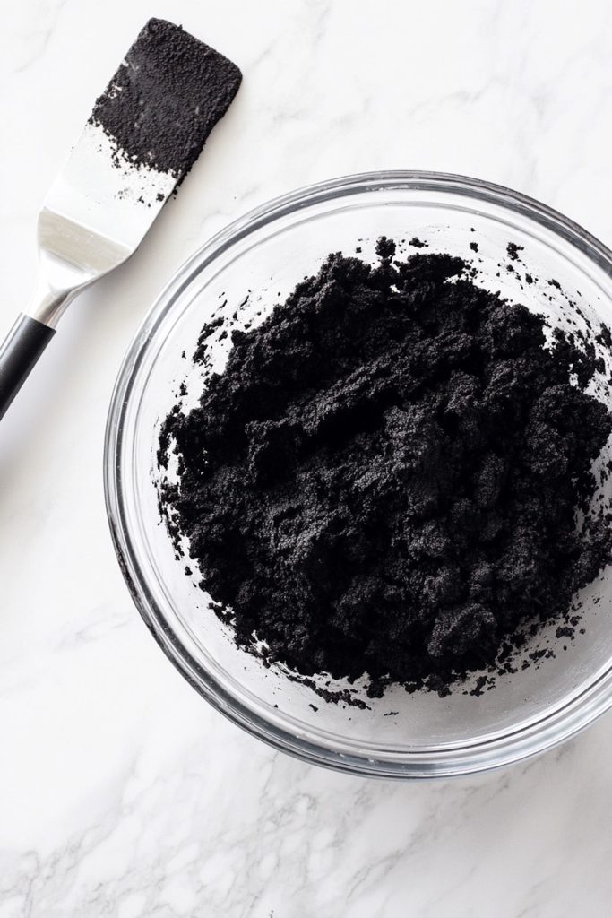 A bowl of rich, black cookie crumbs prepared for making Black Velvet cookies, with a spatula resting on the side.