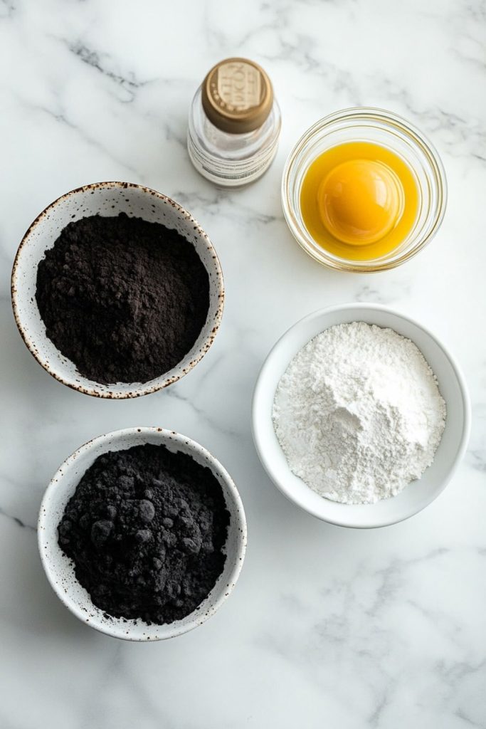 Ingredients for Black Velvet cookies arranged neatly on a marble countertop, including bowls of black cookie dough, an egg, vanilla extract, and flour.