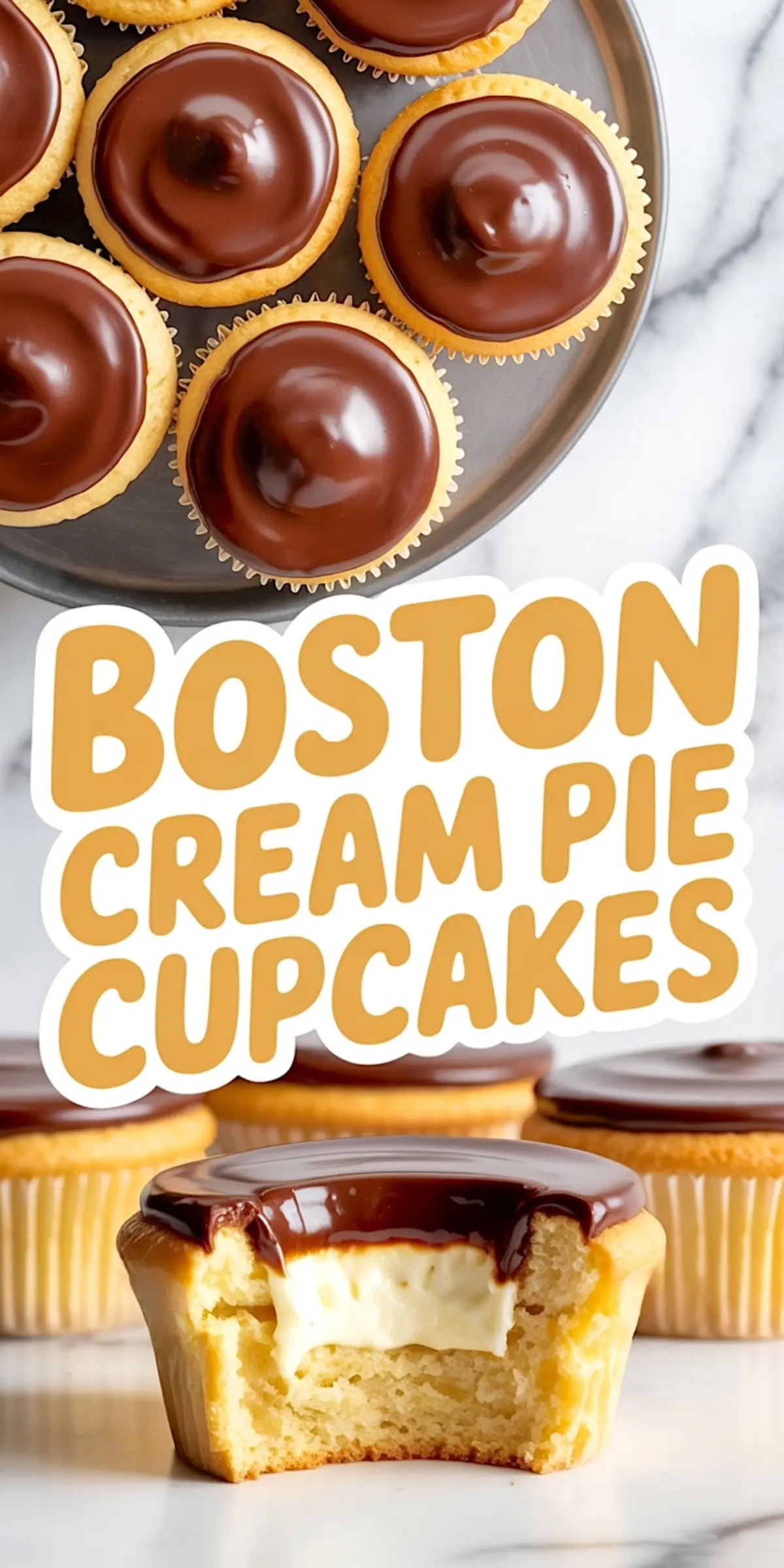 Vanilla cupcakes filled with pastry cream and topped with glossy chocolate ganache. One cupcake is sliced open to reveal the creamy center. These cupcakes are shown on a marble background with close-up detail of the ganache and moist cake.
