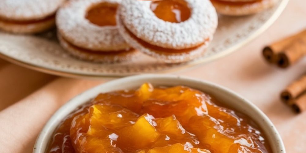 A visually appealing display of homemade peach bourbon jam accompanied by sugar-dusted donuts, arranged elegantly on a ceramic plate against a festive backdrop.