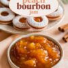 A visually appealing display of homemade peach bourbon jam accompanied by sugar-dusted donuts, arranged elegantly on a ceramic plate against a festive backdrop.