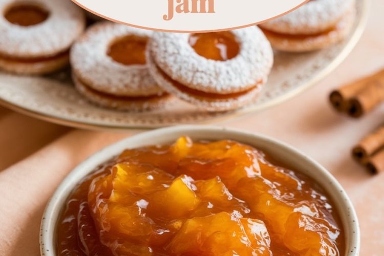 A visually appealing display of homemade peach bourbon jam accompanied by sugar-dusted donuts, arranged elegantly on a ceramic plate against a festive backdrop.