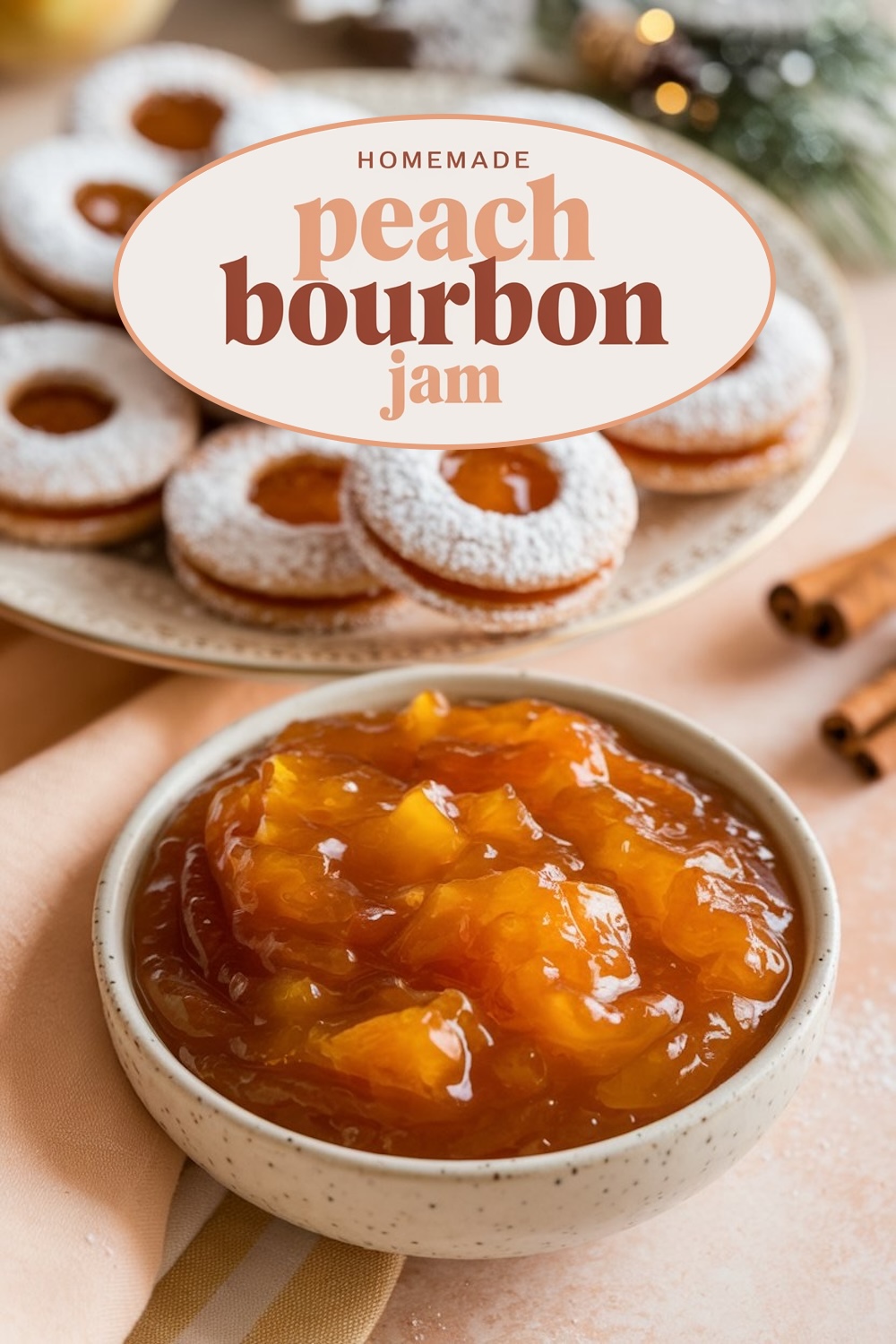 A visually appealing display of homemade peach bourbon jam accompanied by sugar-dusted donuts, arranged elegantly on a ceramic plate against a festive backdrop.