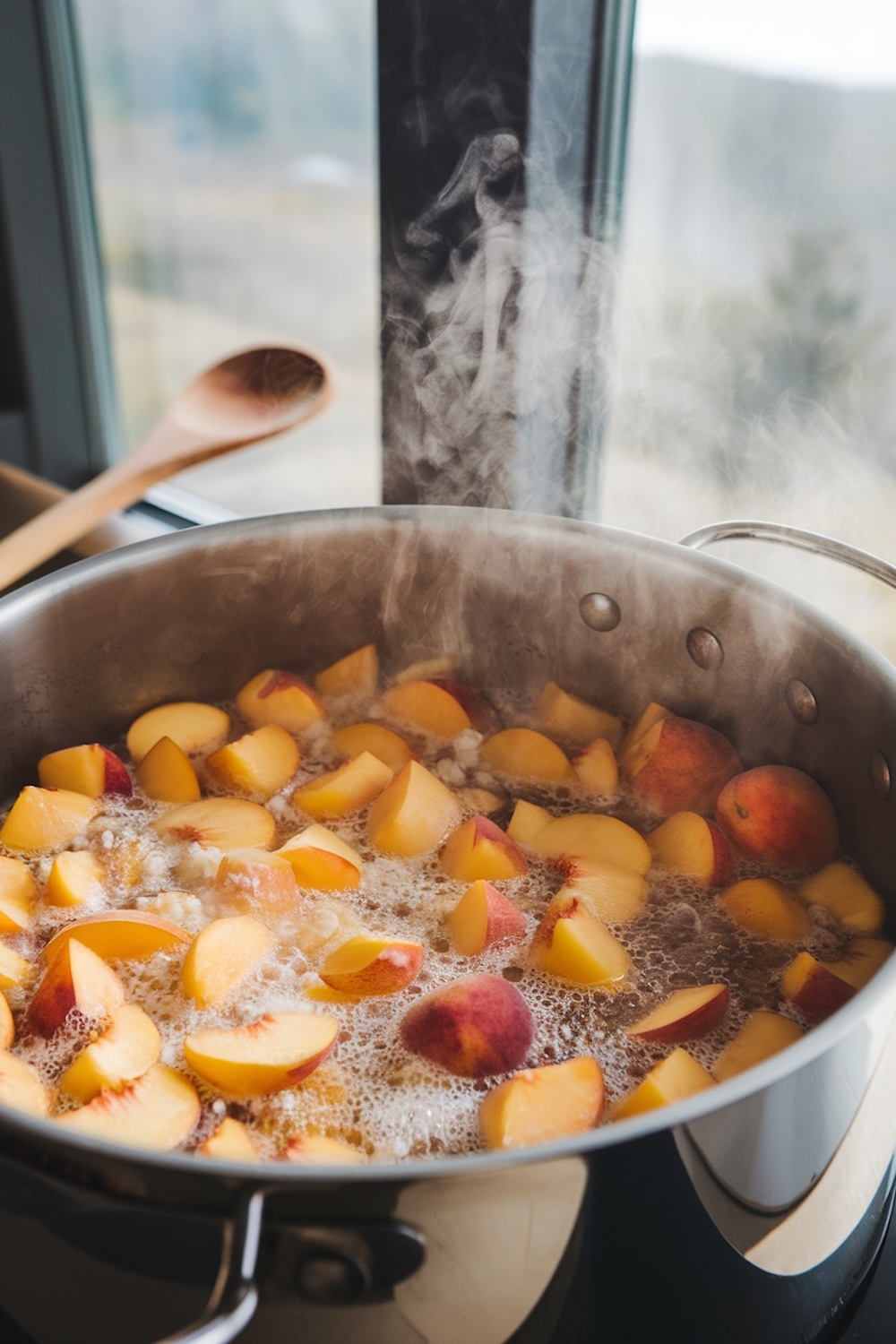 Steam rises from a pot filled with fresh peach slices simmering, a key step in the preparation of peach bourbon jam.