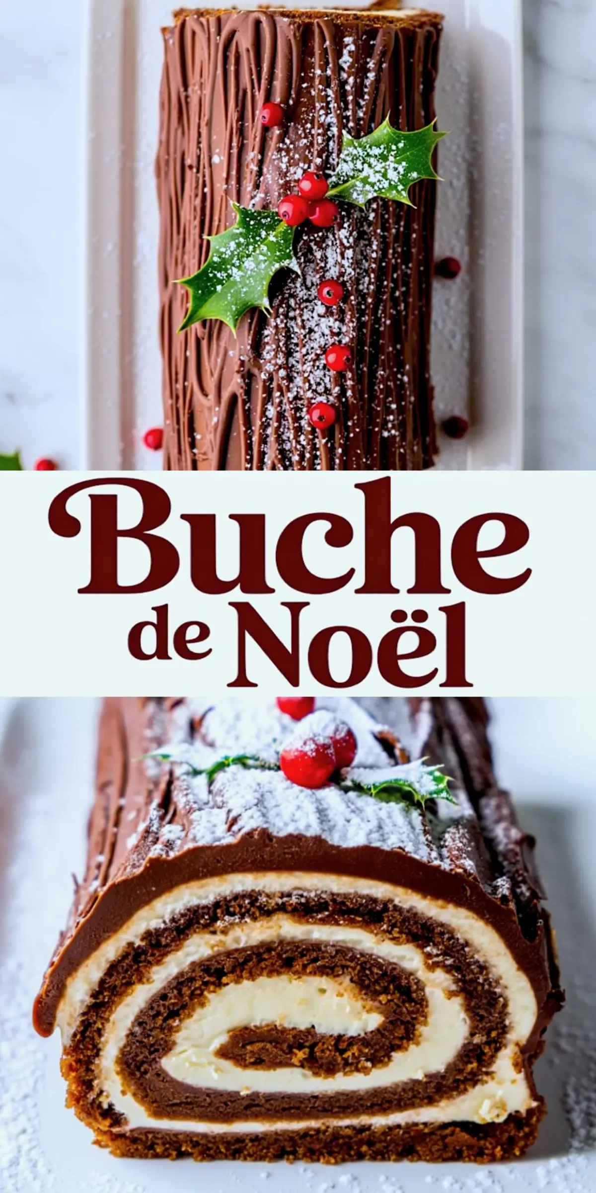 Decorated Buche de Noel with rich chocolate ganache, piped bark-like texture, holly leaves, red berries, and powdered sugar for a snowy effect. The lower view reveals the sliced Christmas cake roll with a chocolate sponge and creamy vanilla swirl, representing a festive Bolo De Rolo-inspired Yule log cake.