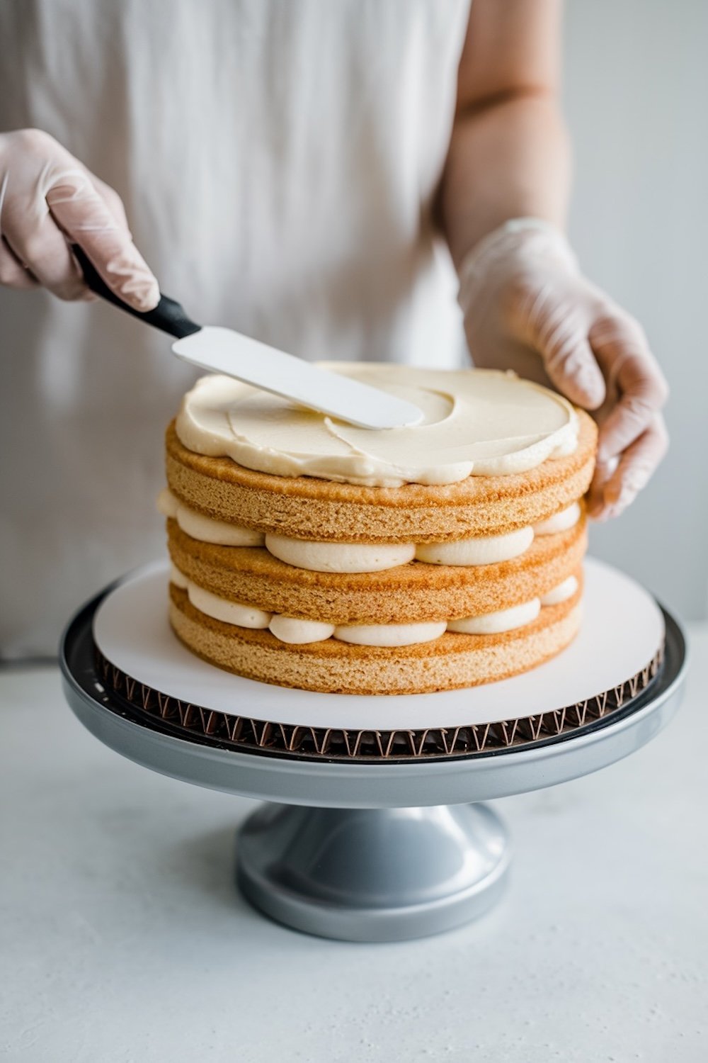 Emma from Emma's Cake Studio carefully spreads creamy frosting on a stacked layer cake with a spatula. The partially assembled cake has alternating layers of sponge cake and thick, smooth buttercream filling, creating a naked cake look. This in-progress image captures the art of cake decorating and is perfect for showcasing a layered cake tutorial or baking inspiration.