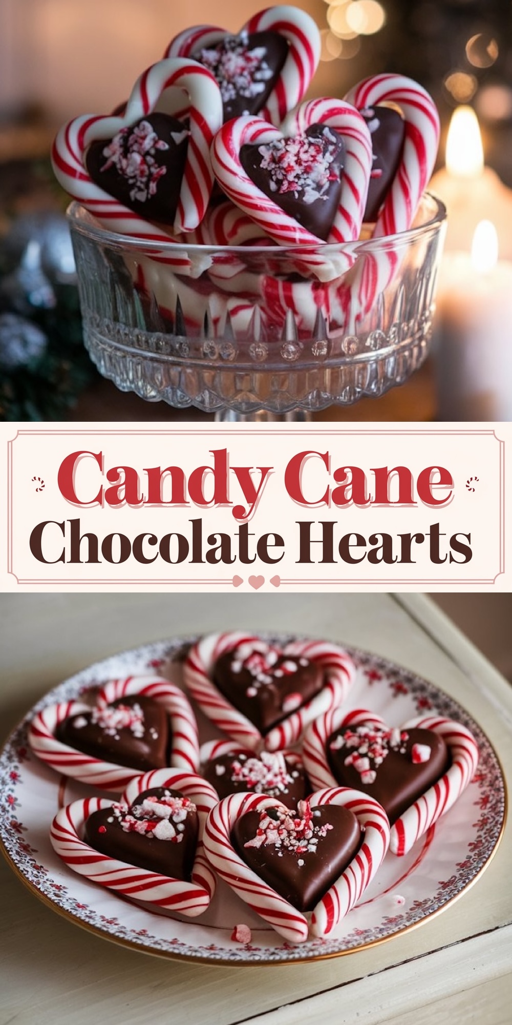 This image showcases festive candy cane chocolate hearts, perfect for holiday desserts and edible gifts. The top half shows a glass dish filled with heart-shaped treats made from classic red-and-white striped candy canes framing rich, glossy dark chocolate centers, topped with crushed peppermint pieces. The bottom half features the same sweet creations beautifully arranged on a vintage plate with a delicate floral pattern, enhancing their elegant presentation. These delightful peppermint and chocolate confections offer a fun, creative twist for Christmas treats or party favors, blending festive flavors with a touch of handmade charm.