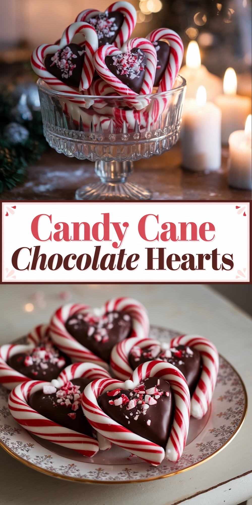 This image presents festive candy cane chocolate hearts in two distinct yet cohesive scenes, framed by a bold title in the middle.
Top half: A glass dish is filled with handcrafted candy cane chocolate hearts. The vibrant red-and-white candy canes are shaped into hearts, framing rich dark chocolate centers topped with crushed peppermint. The soft, glowing background of candles adds a cozy, holiday ambiance, perfect for Christmas parties or festive dessert displays.
Bottom half: A close-up view of six candy cane chocolate hearts beautifully arranged on a vintage plate with a delicate floral pattern. The red-and-white candy cane hearts hold decadent chocolate fillings, finished with peppermint sprinkles, making them ideal for a charming DIY holiday treat or gift.
Center text: The title "Candy Cane Chocolate Hearts" is written in festive red and brown typography, tying together the visuals with a touch of holiday spirit.