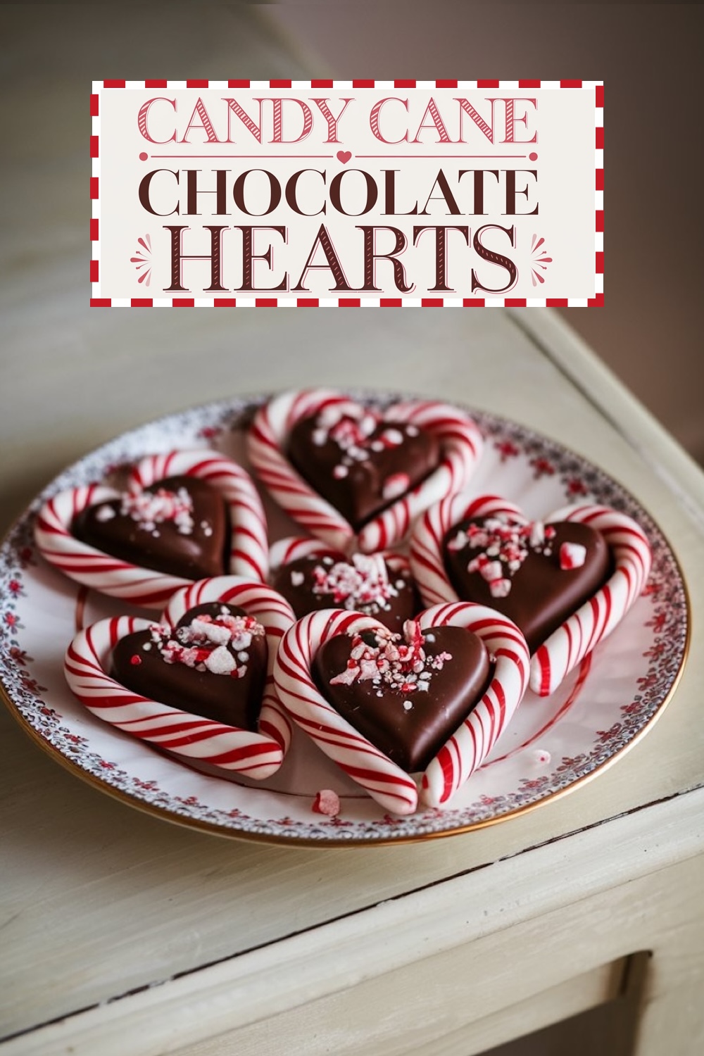 A styled shot of candy cane chocolate hearts arranged on a vintage plate, accompanied by a "Candy Cane Chocolate Hearts" title in festive red and white typography. The heart-shaped treats, with candy cane borders and dark chocolate centers sprinkled with peppermint bits, are perfect for holiday dessert spreads, offering a fun and festive DIY gift or party treat. The rustic table and holiday decor emphasize the seasonal charm.
