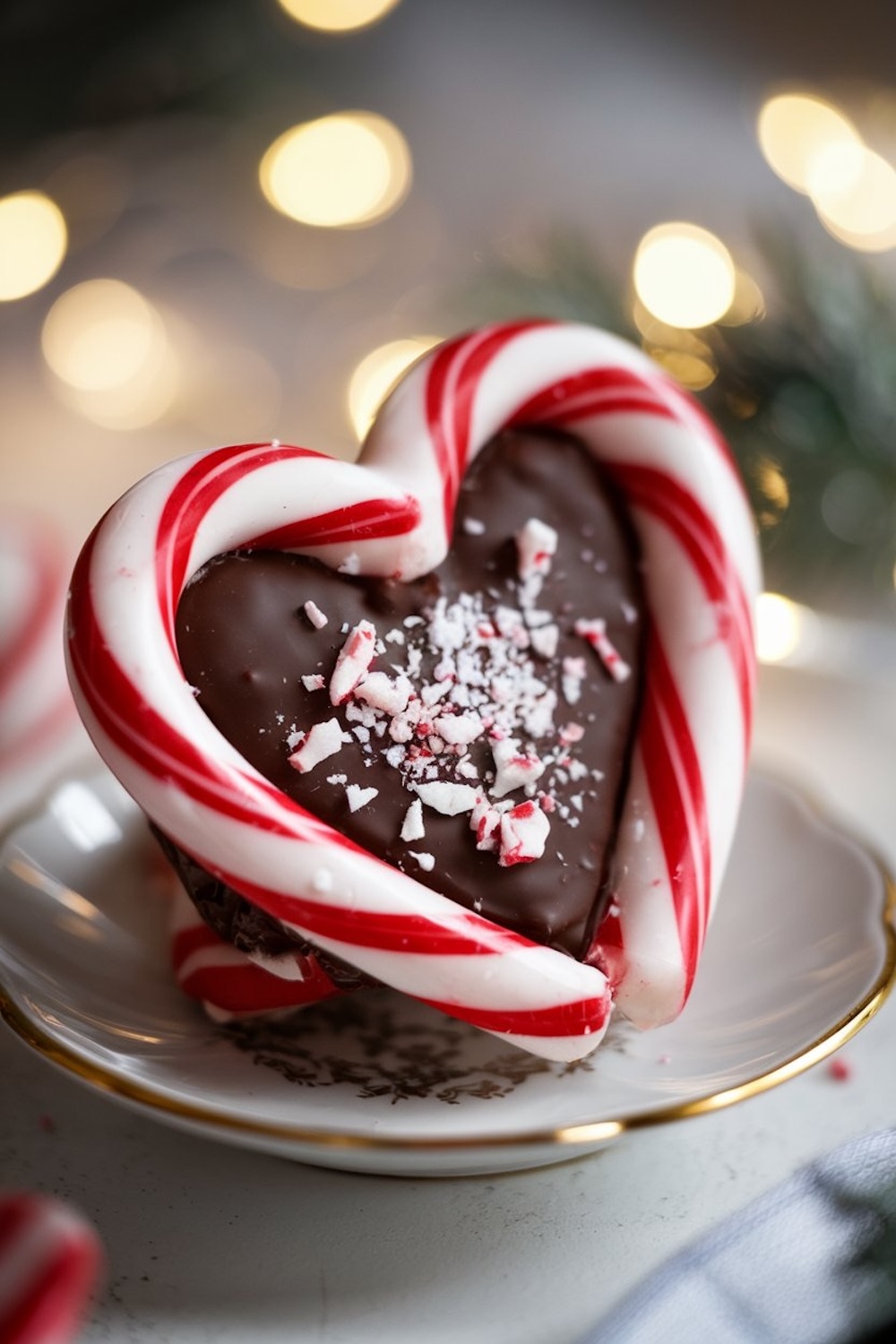 A close-up shot of a single candy cane chocolate heart placed on an elegant, vintage-style saucer. The heart-shaped treat has vibrant red-and-white candy canes framing a rich dark chocolate center, sprinkled with crushed peppermint pieces. The blurred background of warm twinkling lights creates a cozy, festive feel, making this dessert a great centerpiece for holiday parties or a thoughtful edible gift.