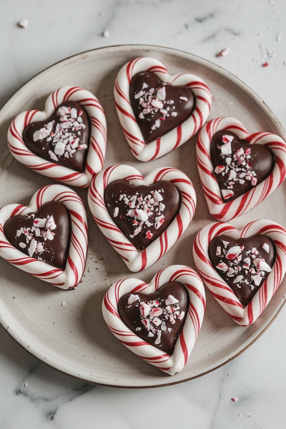 Six candy cane chocolate hearts are arranged on a neutral-toned ceramic plate atop a marble surface. Each treat features a red-and-white striped candy cane heart frame filled with glossy dark chocolate, topped with crushed peppermint pieces. The clean, minimal backdrop highlights the festive colors and textures of the homemade holiday candies, making them the perfect DIY Christmas gift or dessert.