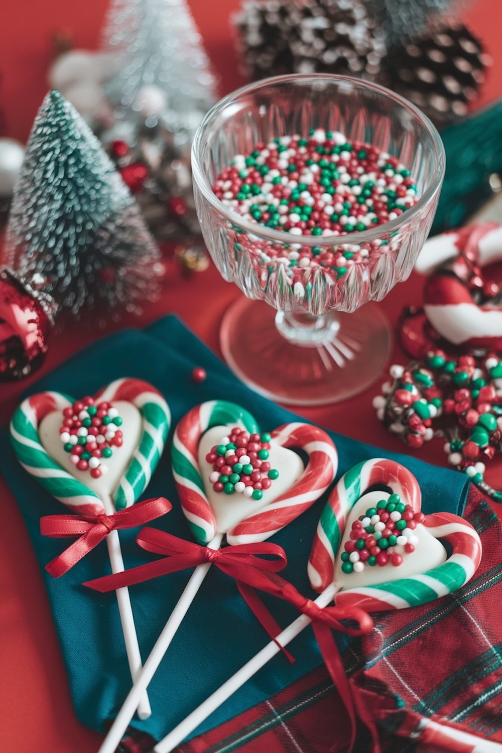 Three candy cane heart lollipops arranged on a teal napkin, featuring red, white, and green striped candy canes with a creamy white chocolate center and topped with festive red, green, and white sprinkles. Each lollipop is tied with a red satin ribbon, set against a vibrant Christmas backdrop with hints of holiday décor like pine cones.