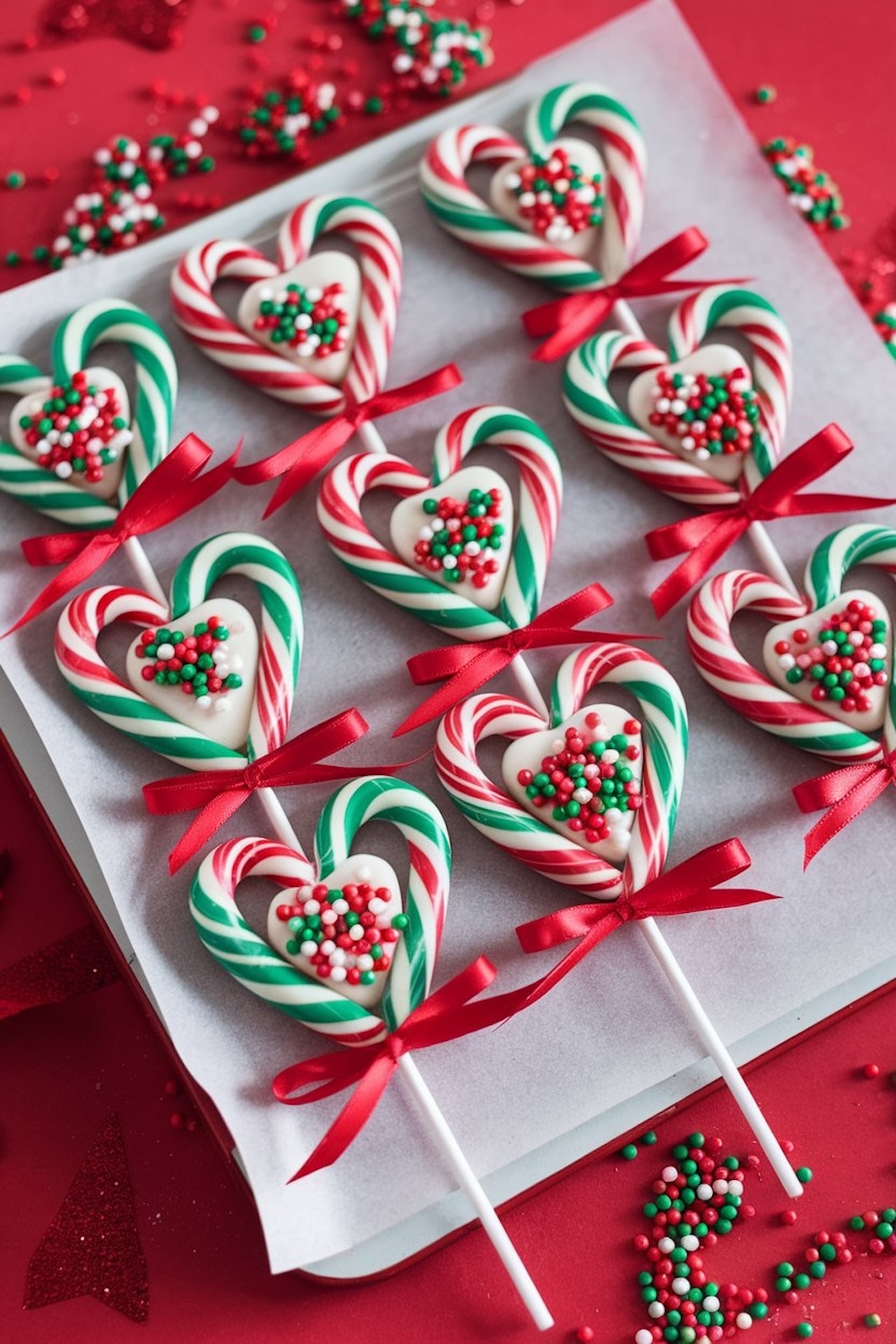 A festive tray of candy cane heart lollipops lined up, each featuring red, green, and white striped candy canes shaped into hearts with a creamy white chocolate center, topped with red, green, and white sprinkles. Each lollipop is finished with a red satin ribbon, making them the perfect holiday dessert or DIY Christmas gift idea.