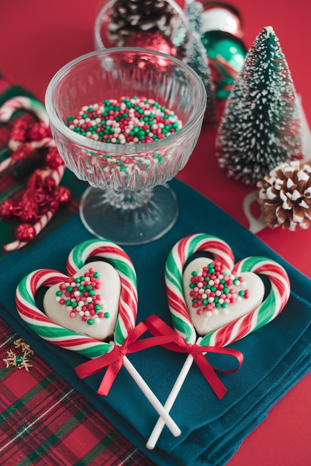 Close-up of festive candy cane heart lollipops, featuring red, white, and green striped candy canes twisted into heart shapes with a creamy white chocolate center, topped with red, green, and white sprinkles. Each lollipop is tied with a red satin ribbon, set against a holiday-themed red background, perfect for Christmas treats or DIY gifts.