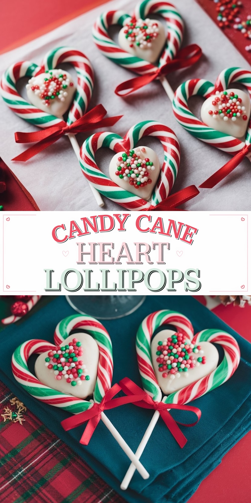 A Christmas-themed display with candy cane heart lollipops and a clear glass bowl filled with red, green, and white sprinkles. The lollipops, made from red and green striped candy canes shaped into hearts with white chocolate centers, are adorned with colorful sprinkles and tied with red ribbons. The background features holiday decorations, including mini pine trees and pine cones.