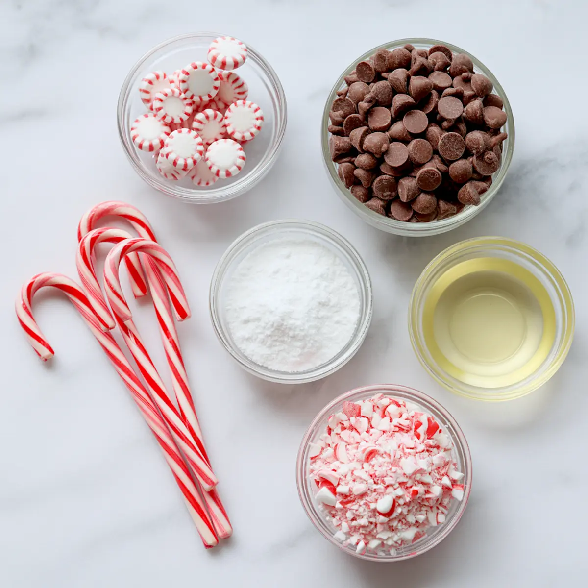 Flat lay of holiday baking ingredients including candy canes, peppermint candies, chocolate chips, powdered sugar, crushed peppermint, and a bowl of melted coconut oil on a marble surface.