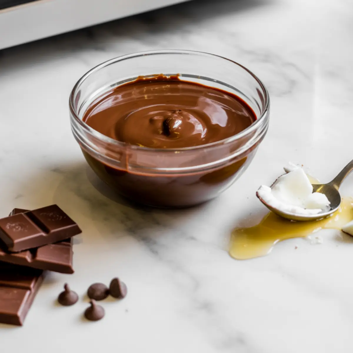 Glass bowl filled with melted chocolate next to chocolate chips, chocolate squares, and a spoonful of coconut oil on a marble countertop.