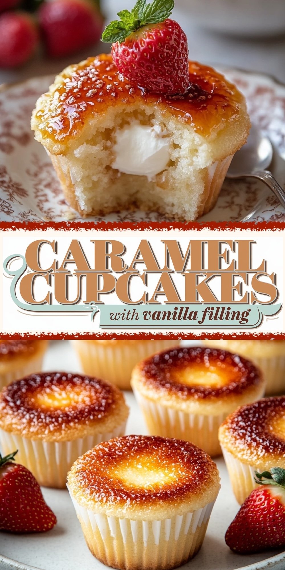 Caramel cupcakes drizzled with caramel sauce and a hint of sea salt, arranged on a wooden board with caramel pieces nearby.