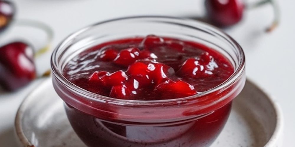 A small, round glass dish filled with vibrant cherry amaretto jam sits on a rustic ceramic plate, with fresh cherries scattered around for garnish. The jam’s rich red color and glossy finish make it a perfect highlight for breakfast or dessert spreads.