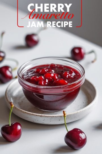 A small, round glass dish filled with vibrant cherry amaretto jam sits on a rustic ceramic plate, with fresh cherries scattered around for garnish. The jam’s rich red color and glossy finish make it a perfect highlight for breakfast or dessert spreads.