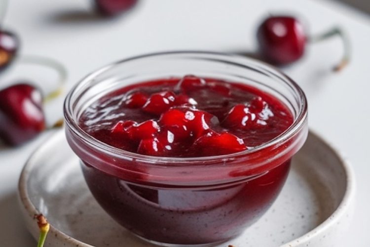 A small, round glass dish filled with vibrant cherry amaretto jam sits on a rustic ceramic plate, with fresh cherries scattered around for garnish. The jam’s rich red color and glossy finish make it a perfect highlight for breakfast or dessert spreads.