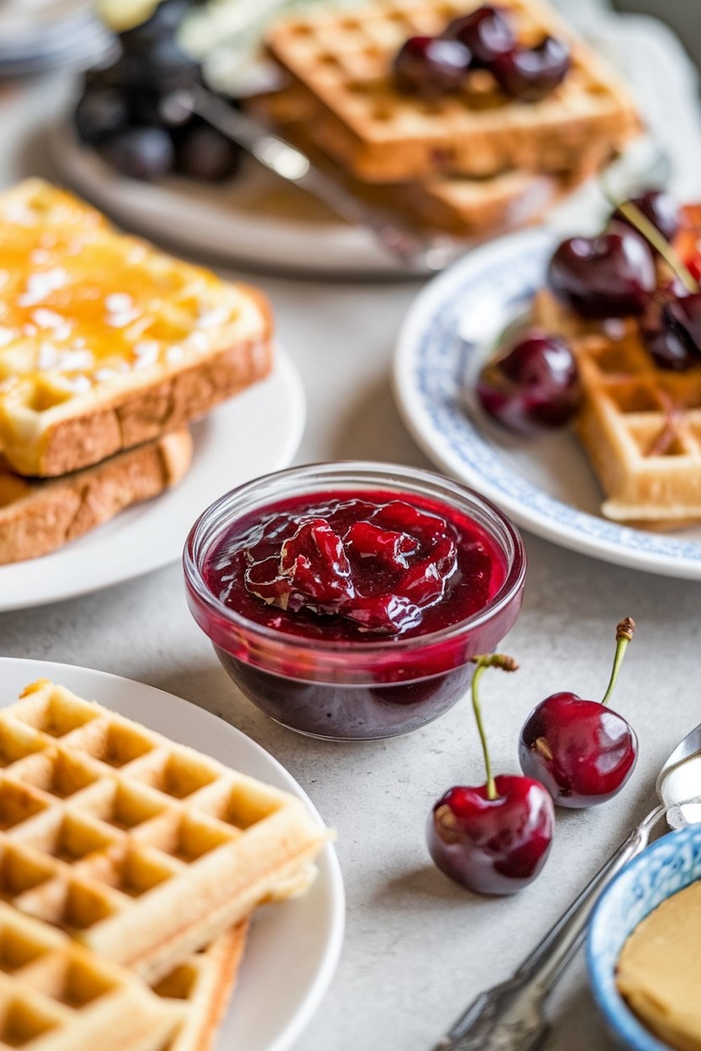 A cozy breakfast setup featuring a glass dish of cherry amaretto jam placed beside golden waffles and buttered toast. Fresh cherries are scattered around, adding a pop of natural color. The warm setting invites you to enjoy the jam as a sweet addition to a delicious morning meal.