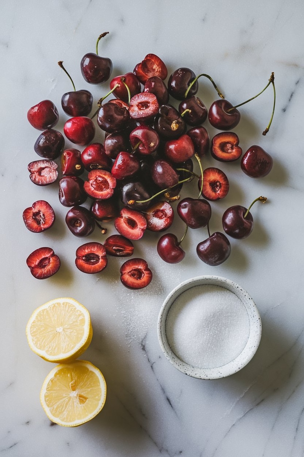 A beautiful spread of fresh ingredients on a white marble countertop, including ripe, dark red cherries—some whole, others halved to reveal the juicy insides—alongside two halved lemons and a small bowl of granulated sugar. The scene captures the simplicity and freshness essential to homemade cherry jam.