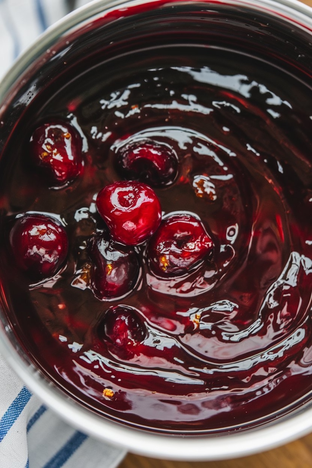 A top-down view of a saucepan filled with simmering cherry amaretto jam, with whole cherries and thick jam forming a dark, glossy mixture. The luscious, deep color and the visible cherry pieces in the bubbling sauce evoke the warmth and sweetness of slow-cooked, homemade preserves.