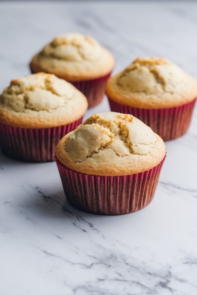 Plain cupcakes in burgundy liners on a marble surface, showing a golden-brown top with a slightly cracked texture.